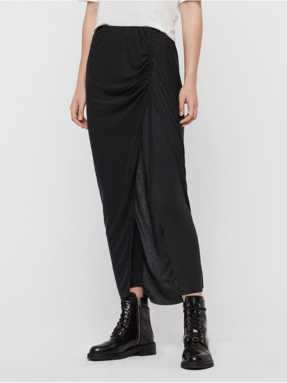 AllSaints Black Ruched Maxi Skirt